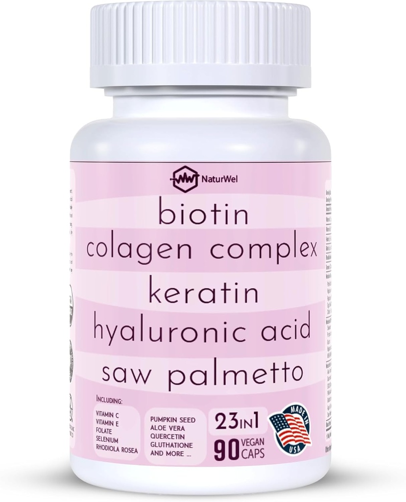 Kolagen 1000mg Rhoddiola Rosea 2500mg Biotin 10,000mcg, kyselina hyaluronová, DHT blokátor, vitamín C & E, kyselina listová, Aloe Vera, Quercetin, zelený čaj, keratin, MSM - 90 Počet (90 Počet balení 1)