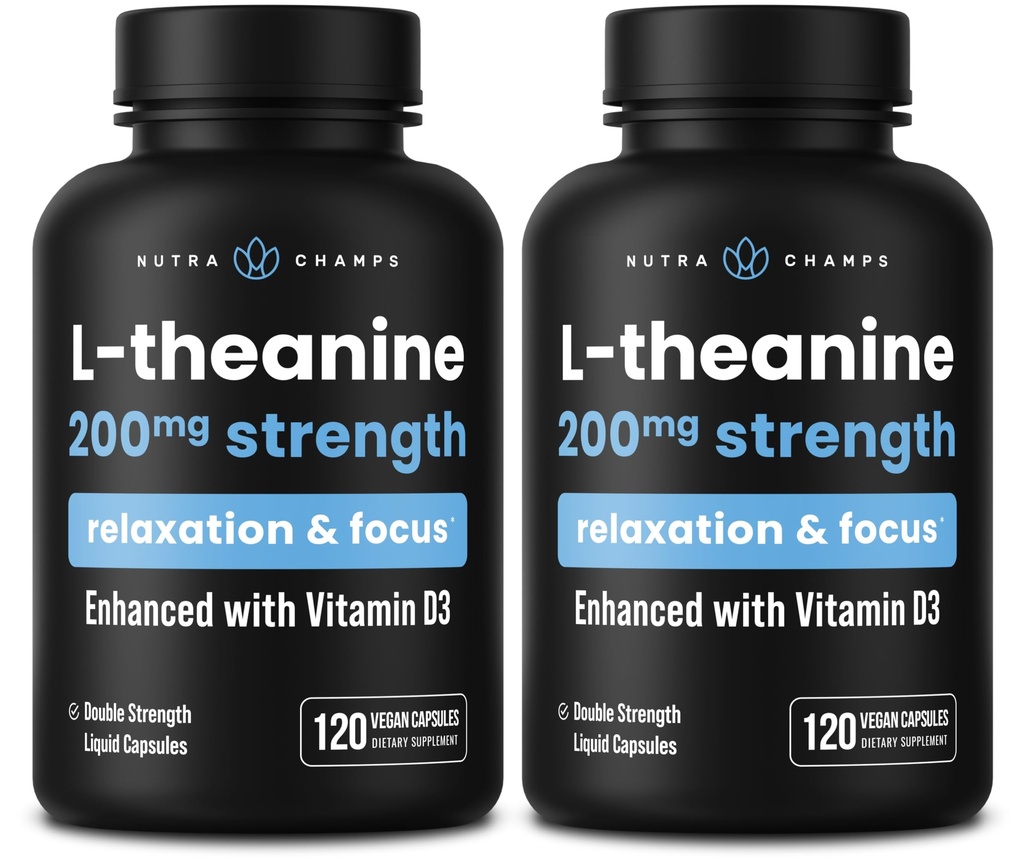 NutraChamps L- Theanine 200mg Kapsle, Dvojitá síla L- Theanine Liquid s vitaminem D3, Organický kokosový olej, 120 Vegan Kapsle (Balení po 2)