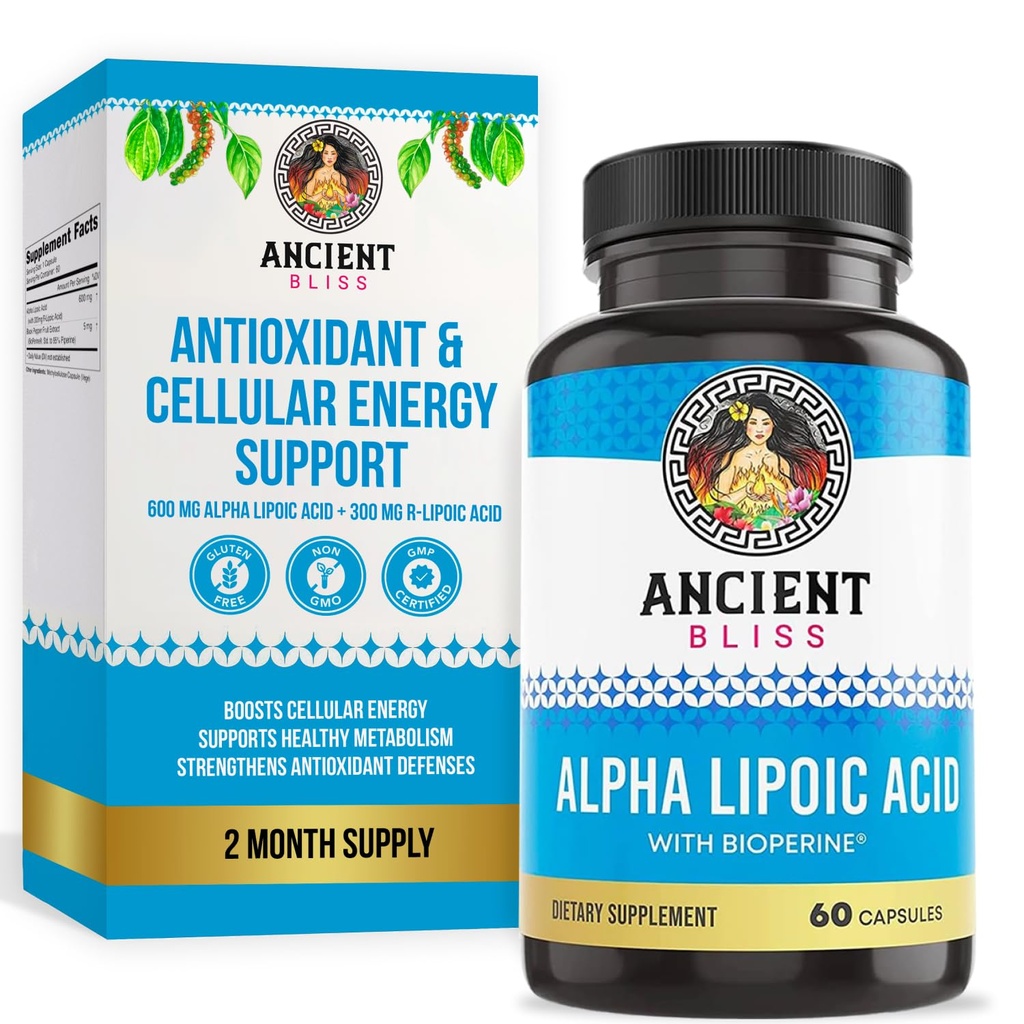 Ancient Bliss Alpha Lipoic Acid Supplement, Antioxidant and Energy Support, ALA Supplement with Bioperine, No Gluten and Soy, 600mg per Serving, 60 Vegan Kapsle