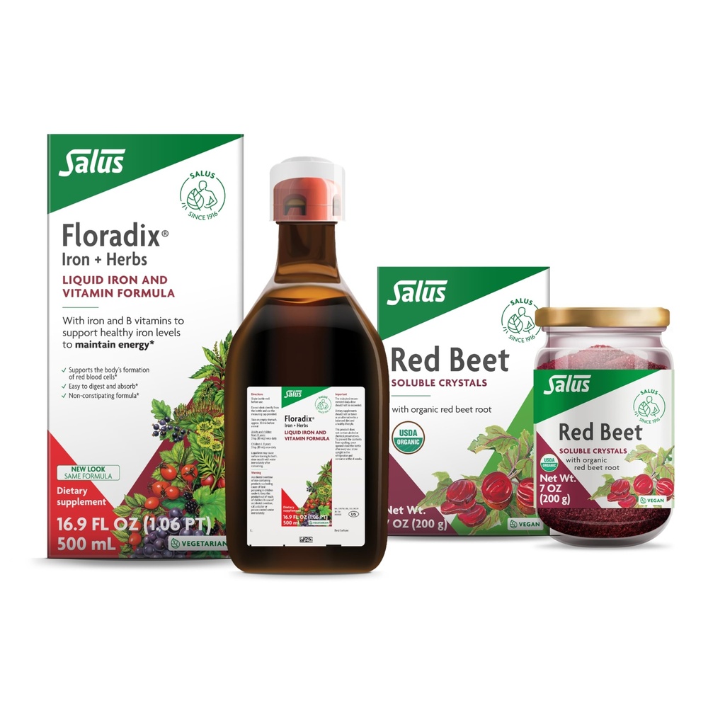 Květinové železo a byliny (16.9 oz) & Salus Red Beet Crystals (7 oz) - Železný dodatek pro zdravou energetickou podporu * & Organic Nutritional Beet Root Drink Mix