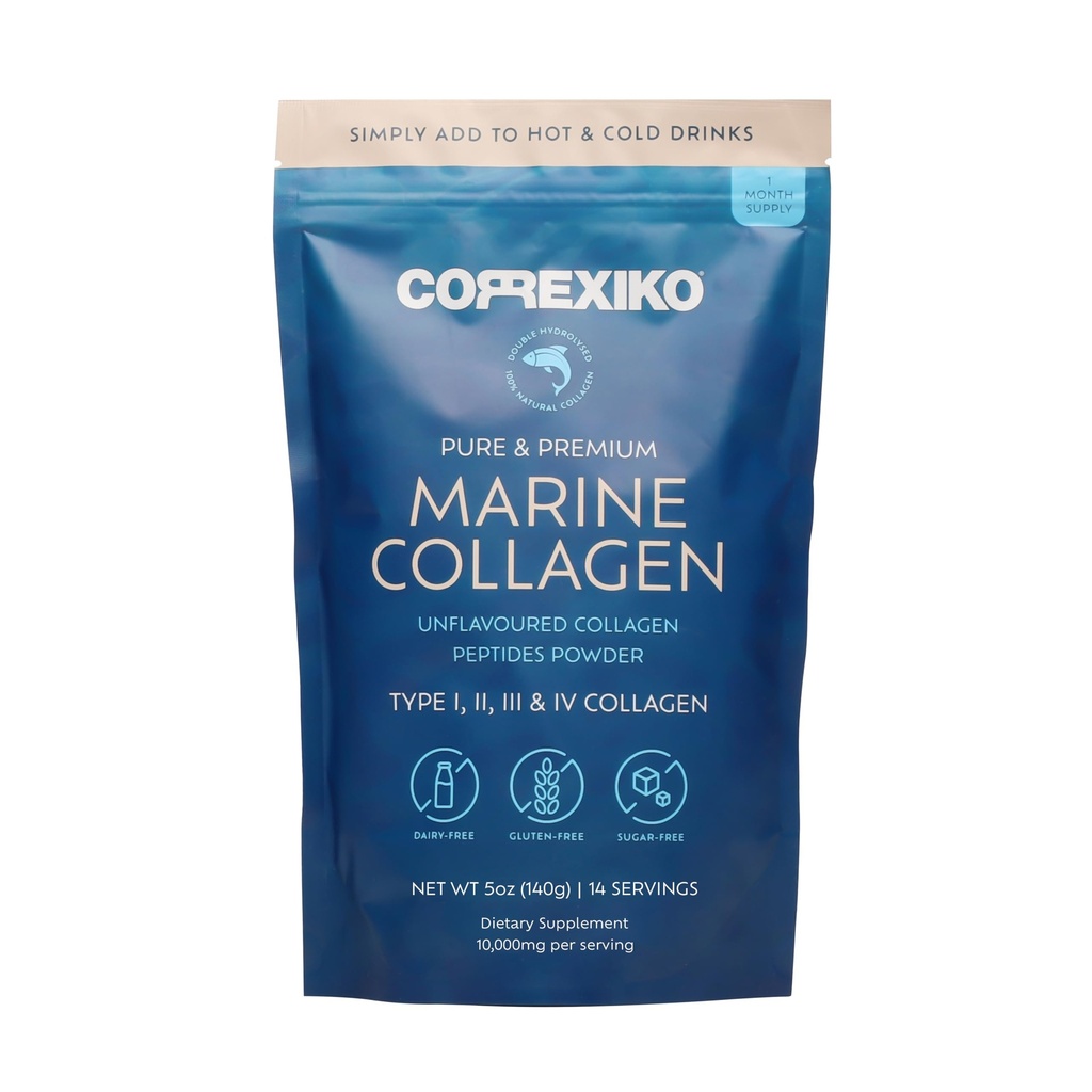 CORREXIKO Marine Collagen Powder Supplement bez příchutí - 10,000mg Double Hydrolyzed Collagen Peptides per Serving - Vyhoveno pro maximální absorpci - Vlasy, kůže a nehty - 5oz, 14 Služeb