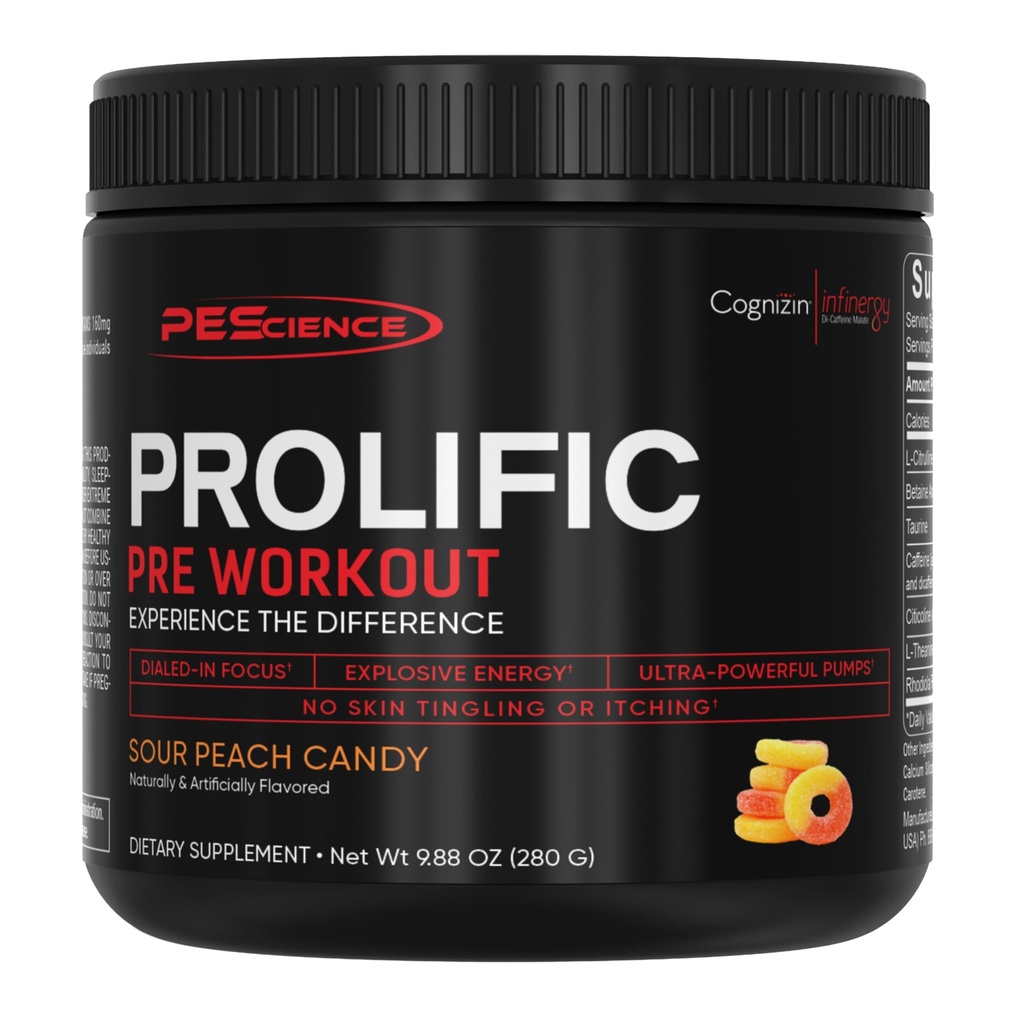 Pescience Prolific Pre Workout Powder for men & Women with L- Citrulline Nitric Oxide Booster, Energy Powder & Nootropic for Focus - Předcvičení bez Beta Alanin - 40 Scoops, Sour Peach Candy