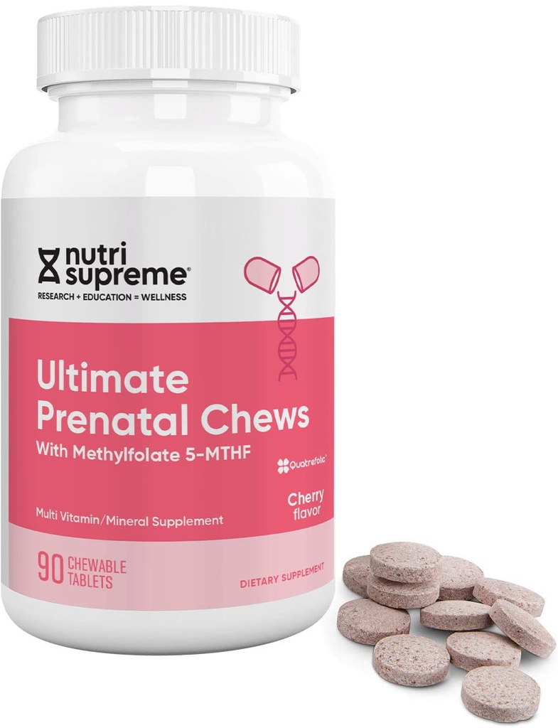 Nutri Supreme Prenatal Vitamin, Žvýkací Prenatal Vitamíny pro ženy s vysoce absorbovatelné methylfolát, Kompletní Prenatal Multivitamin se železem, Kosher, Cherry Flavor, 90 Počet
