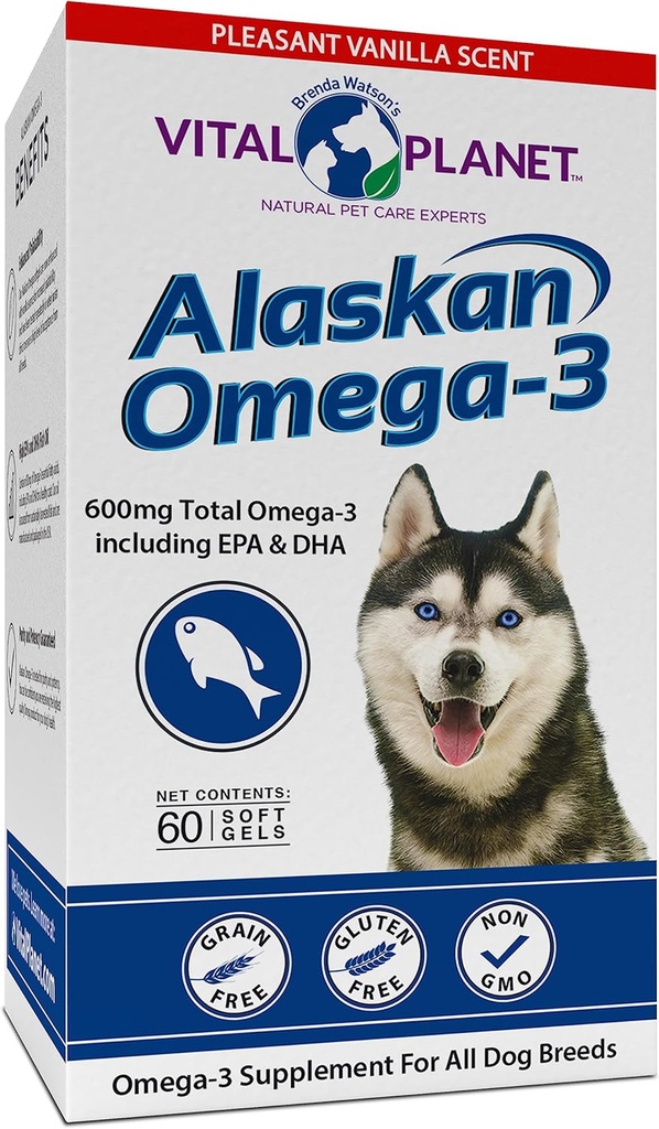 Vital Planet - Alaskan Omega33 Rybí olej dodatek pro psy s 600 mg Omega33, High in DHA a EPA z udržitelně sklizené Wild Catched Cold Water Fish, 60 Vanilla Softgels