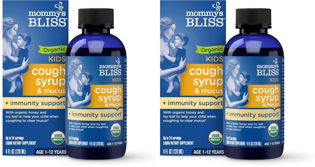 Mommy's Bliss Organic Kids Cough Syrup and Mucus Relief + Immunity Support, Agave & Honey, Ivy Leaf, Elderberry, Zinc, Vitamin C, 4 Fl Oz (Pack of 2)