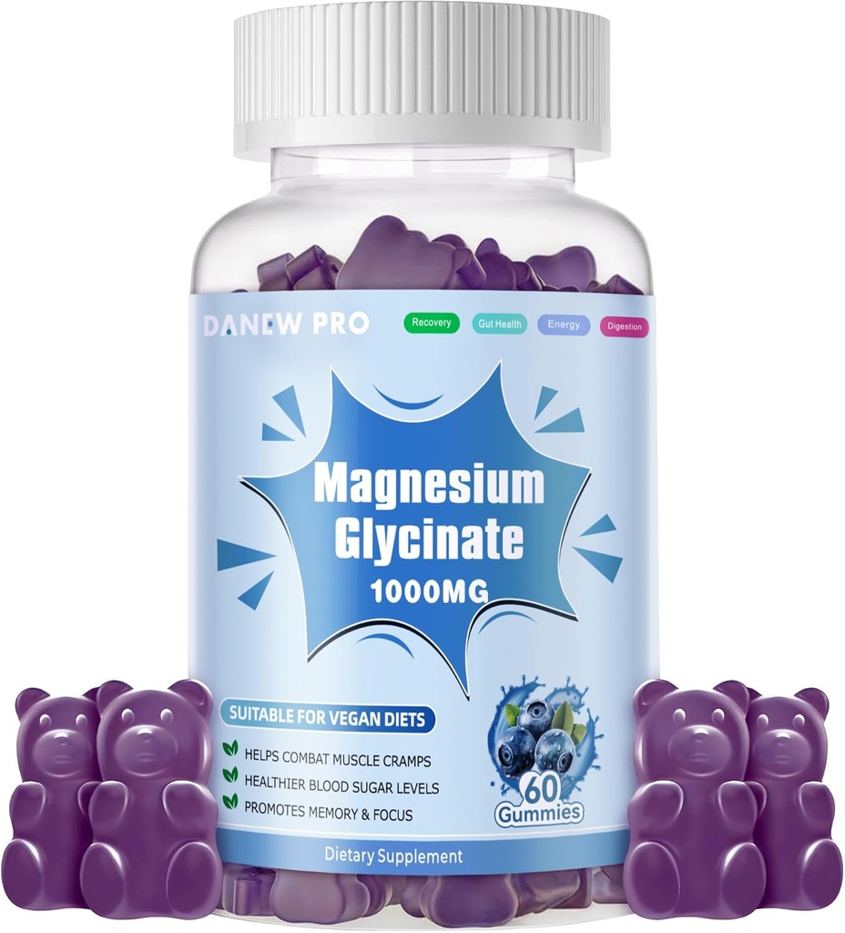 Glycinát hořečnatý Gummies 1000mg - Doplněk k draslíku bez hořčíku s vitaminem D, B6, CoQ10 pro klidnou náladu a podporu spánku - 60 Borůvkových gumiček