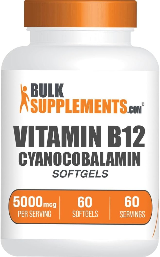 BulkSupplements.com Vitamin B12 5000 mcg Softgels - jako kyanokobalamin, vitamin B12 doplňky, pro energetickou podporu - Gluten Free, 1 Softgel per Serving, 60 Počet (balení po 1)