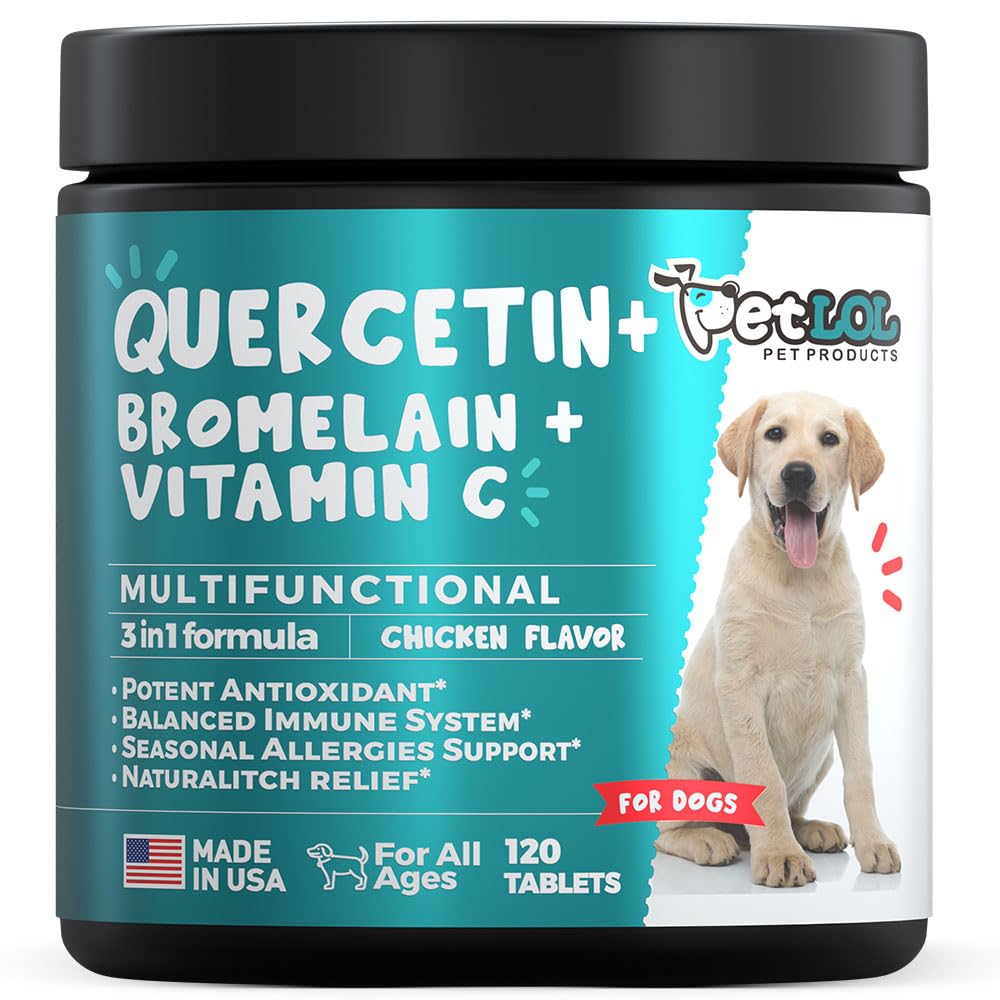 Quercetin pro psy s bromelainem a vitaminem C - alergie & Itch Relief, imunitní a zánětlivá podpora - 120 žvýkací tablety vyrobené v USA