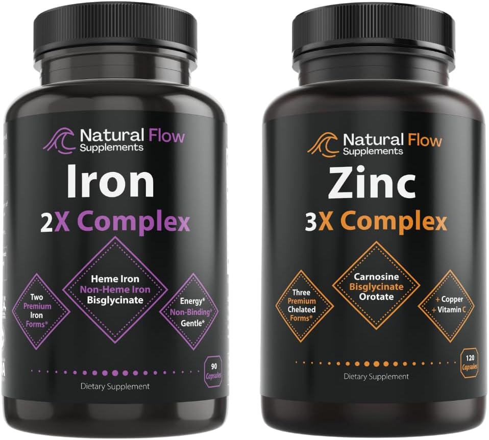 Doplňkový komplex zinku s mědí a vitaminem C - Přírodní tok 3X zinkový karnosin a Železný doplněk 2-in-1 Kompletní komplex - Přírodní tok 2X Heme a Chelated Non Heme Iron Bisglycinate