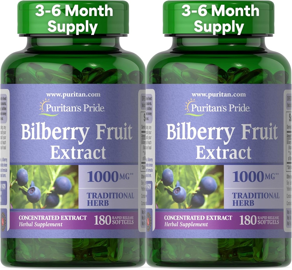 Puritan 's Pride Premium Bilberry Fruit Extract 250 mg (ekvivalent 1000mg), 4: 1 Koncentrovaný tradiční bylinný dodatek, Vitamin C, 3 až 6 Měsíce Dodávka, 180 Rychlé uvolnění Softgels 2-Pack