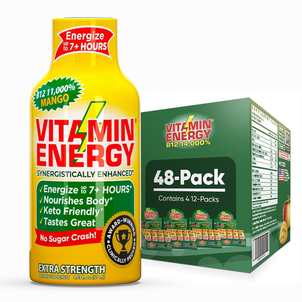 Vitamin Energy B12 11,000% Extra Síla Energy Shot Mango 48 Pack, 260mg přírodní kofein, B12 & B6, nootropic Focus, Vitalita, Nulový cukr, gluten- Free, Vegan, Kosher, 1.93 fl oz