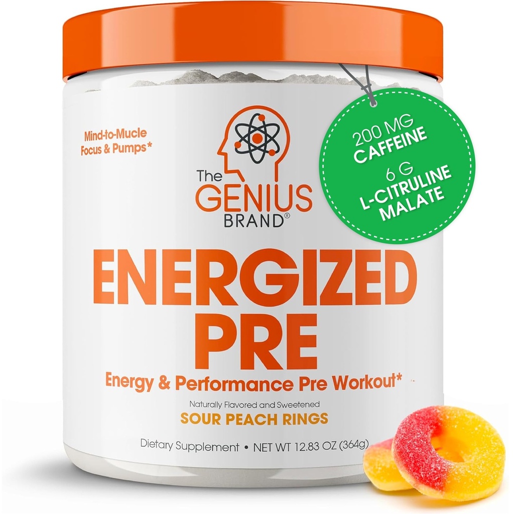 Geniální Energized Pre Workout Powder - Kofein Infuzní Pre- Cvičení Booster Dodatek s Beta Alanin & Alpha GPC, Žádné umělé Sweeteners nebo Barvy - 200mg Caffeine, 20 Servings, Sour Peach Rings