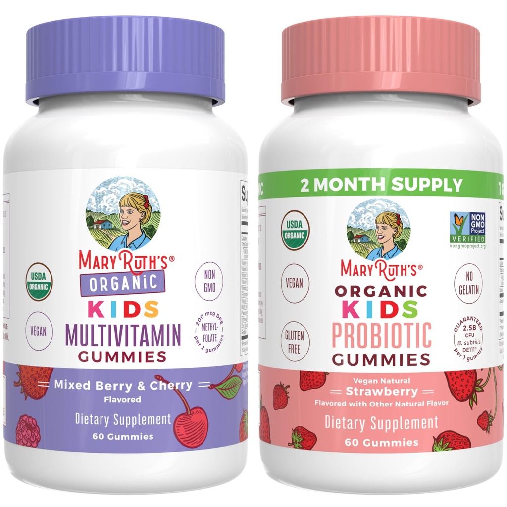 MaryRuth Organics Gummies for Kids- Multivitamin (Mixed Berry & Cherry), & Probiotic (Strawberry) YO124; USDA Organic, No Gelatin! Př