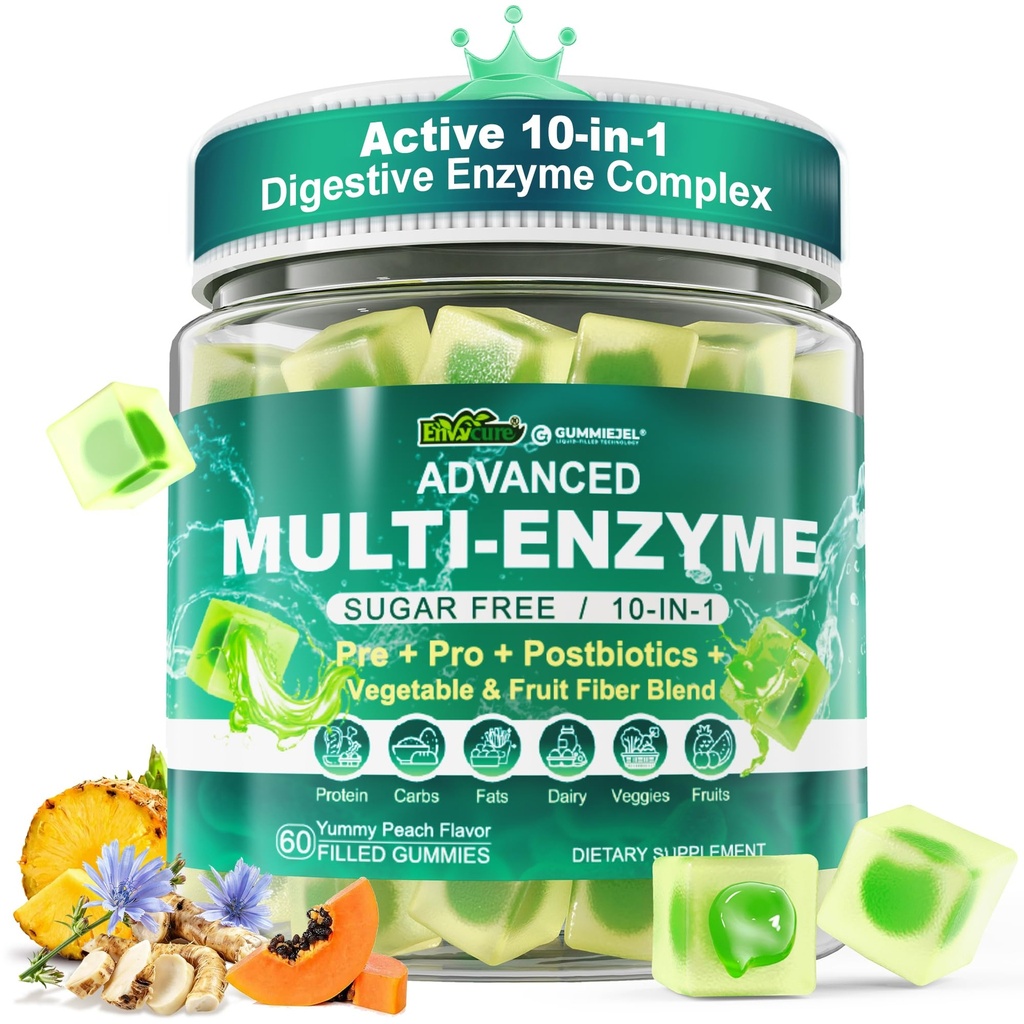 Hudební Enzymy Gummy pro ženy a muže, Multi- Enzymy s 90Billion CFU Probiotika a Prebiotika & Postbiotika, Zeleninové a ovocné Vláknité směsi, Super Enzymy pro stravovací & Gut zdraví, imunitní, 60Cts