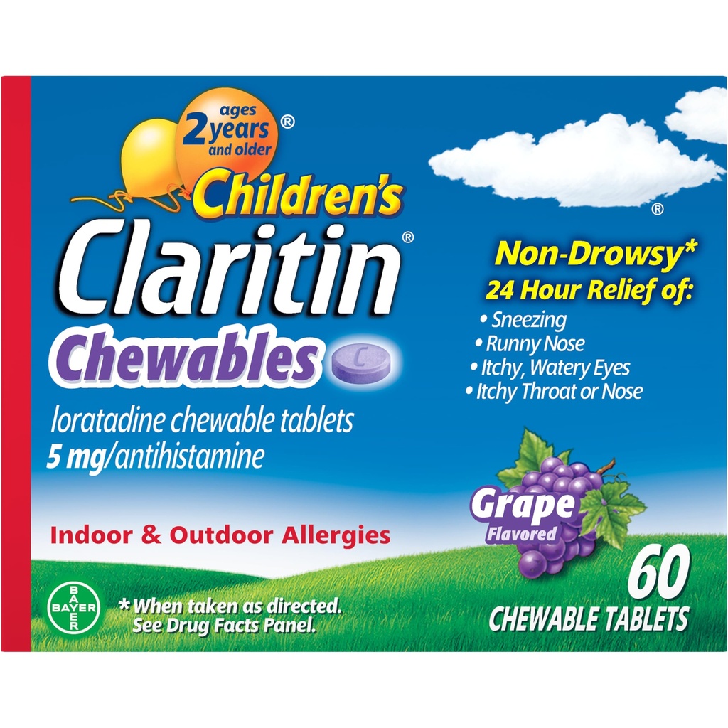 Dětské Claritin Chewables 24 HR Dětské alergie Medicína, Grape, 60 Počet