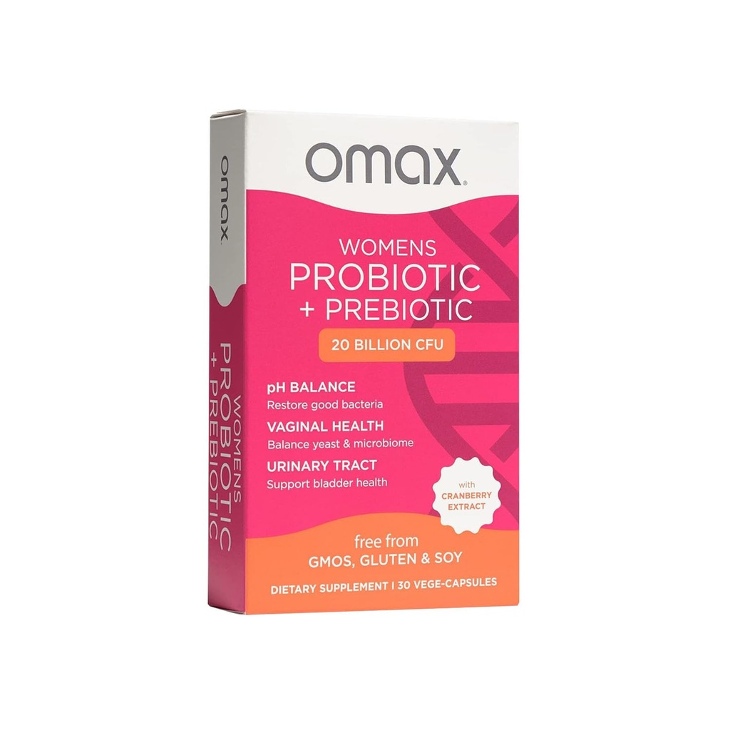 Omax Health Prebiotics and Probiotics Complex for Women, pH Balance, Vag Health, Urinary Tract, Yeast & BV Prevention, Lactobacillus & Bifidobacterium PHAR124; Vegan, Organic, Gluten Free PHAR124; 30 Vege- Kapsle