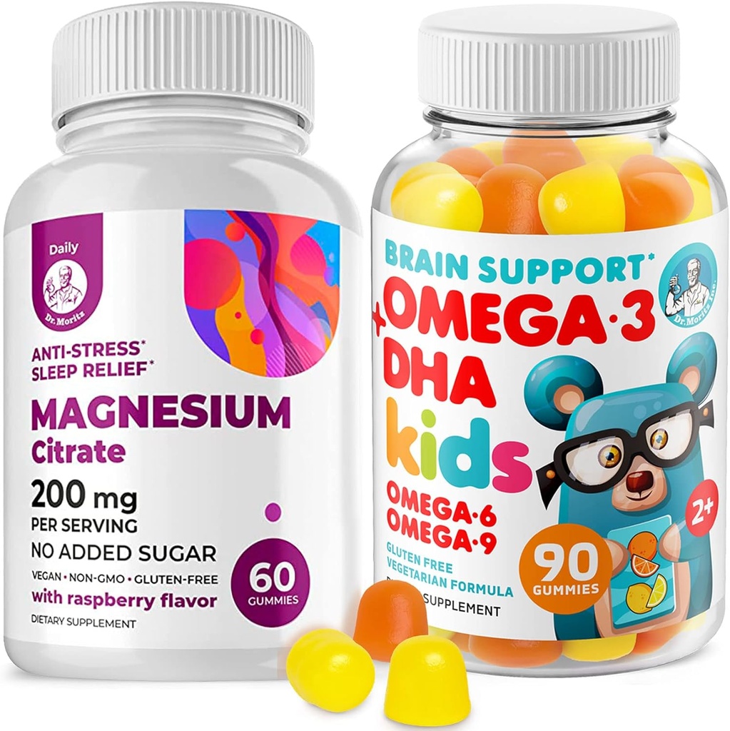 Omega3 Gumy pro děti s Omega 6 & 9 a hořčíkové gumy - DHA Dětský doplněk mozku pro srdce a Vision Support - No Fish Oil and gluten Free Imunitary Health with Sugar- Free Magnesium
