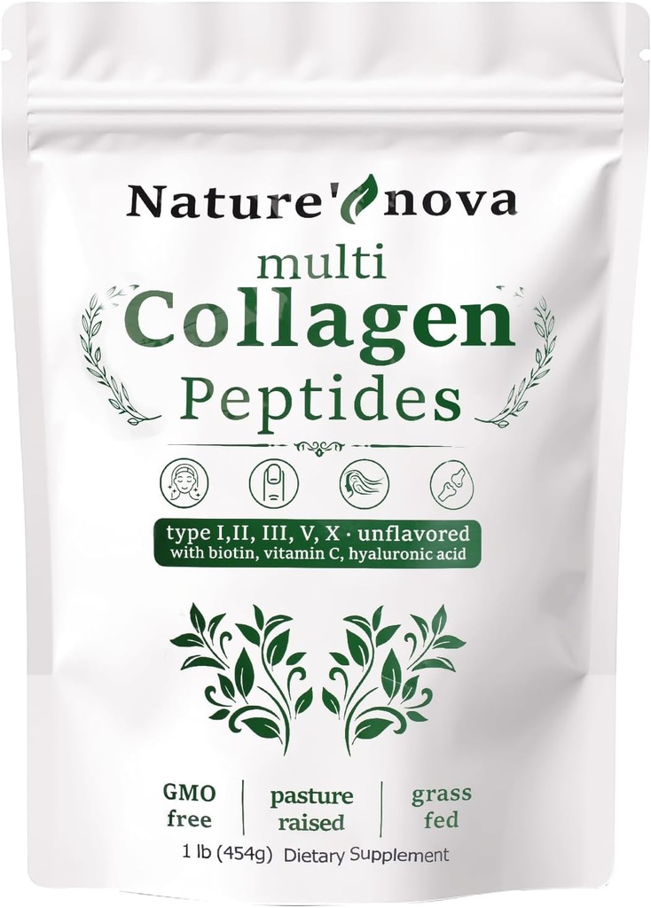 Přírodní Nova Multi kolagen Peptidy Powder - Typ I, II, III, V, X s Biotin, Hyaluronic acid, Vitamin C - Neochucené, snadno rozpuštěné, Non- GMO