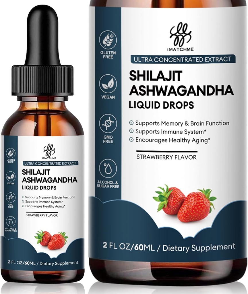 iMATCHME Shilajit Liquid Drop s Ashwagandha pro vylepšenou energii a imunitní podporu, Shilajit pro muže Energy Booster, Sugar- Free, Jahodová Flavor, 2 Fl Oz