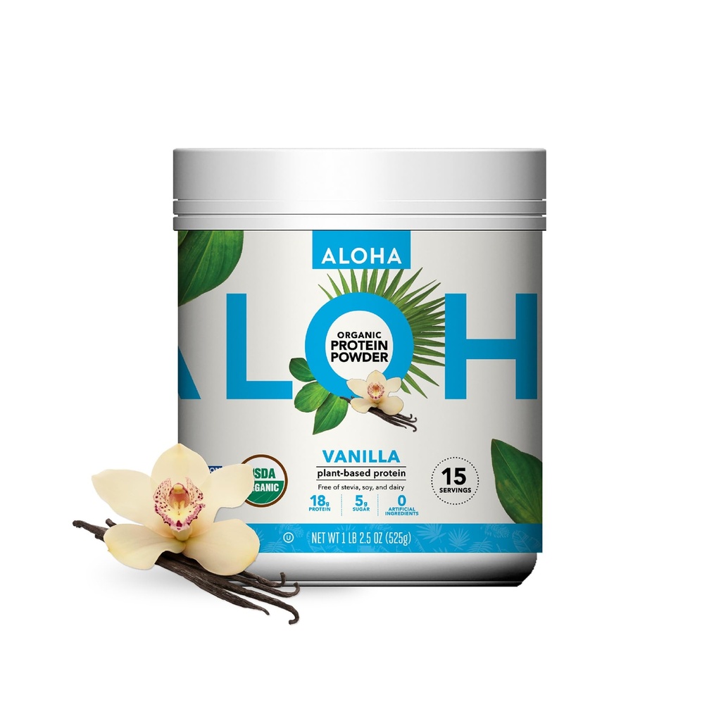 ALOHA Organic Plant Based Protein Powder, Stevia Free, Vanilla, 19.6 oz, 15 Servings OF MAY WARY