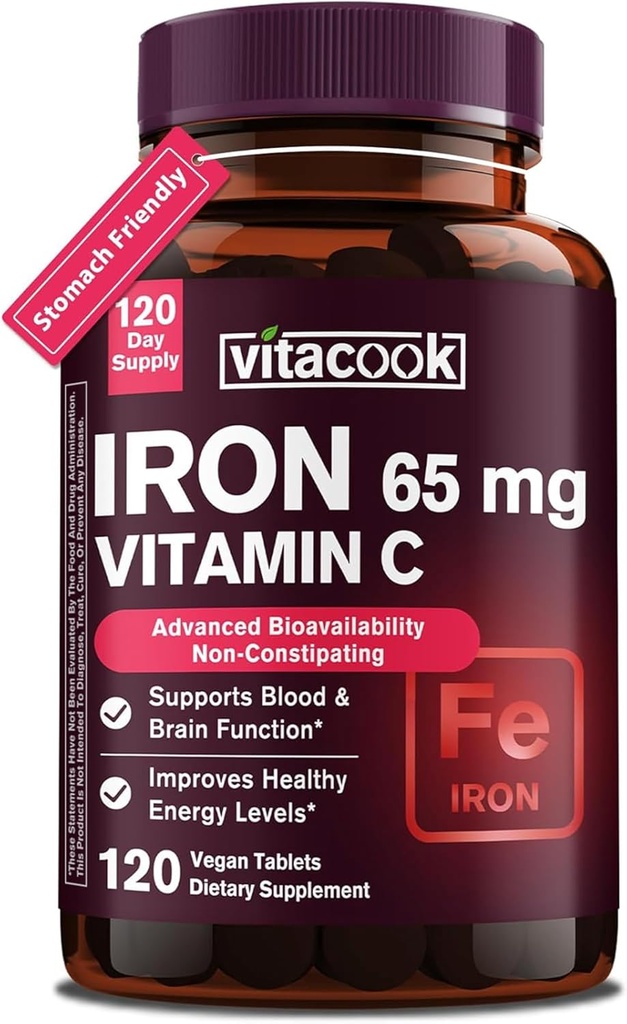 Železný doplněk pro ženy Muži, Vysoká potence Železo 65mg s vitaminem C 250mg, Žaludek Friendly Železné pilulky pro červené krvinky a imunitní podporu, Non- GMO & gluten zdarma, 120 Vegan Tablety