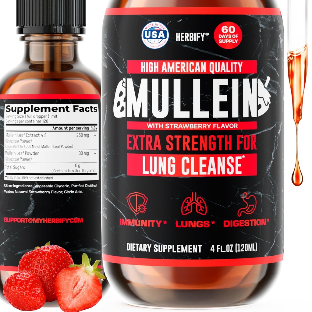 HERBIFY Mullein Drops - Lung Cleanse - Leaf Extract - Výkonný Mullein pro imunitní podporu, Detox & Respirační podpora - Made in USA - 4 Oz Jahodové Flavor