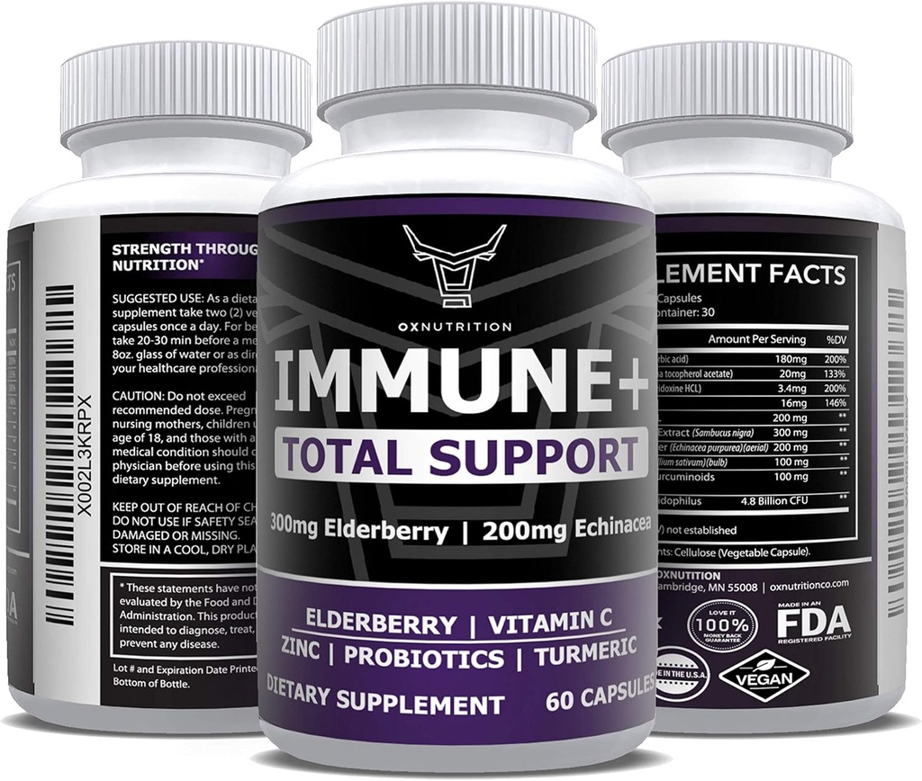 OX Nutrition 10 in 1 Elderberry, Vitamin C, Zinek, Vitamin E, Vitamin B6, Echinacea, Česnek, Kurkuma, L-glutamin HCL & Lactobacillus Probiotics & Antioxidanty pro imunitní obranu 1 měsíc Dodávka