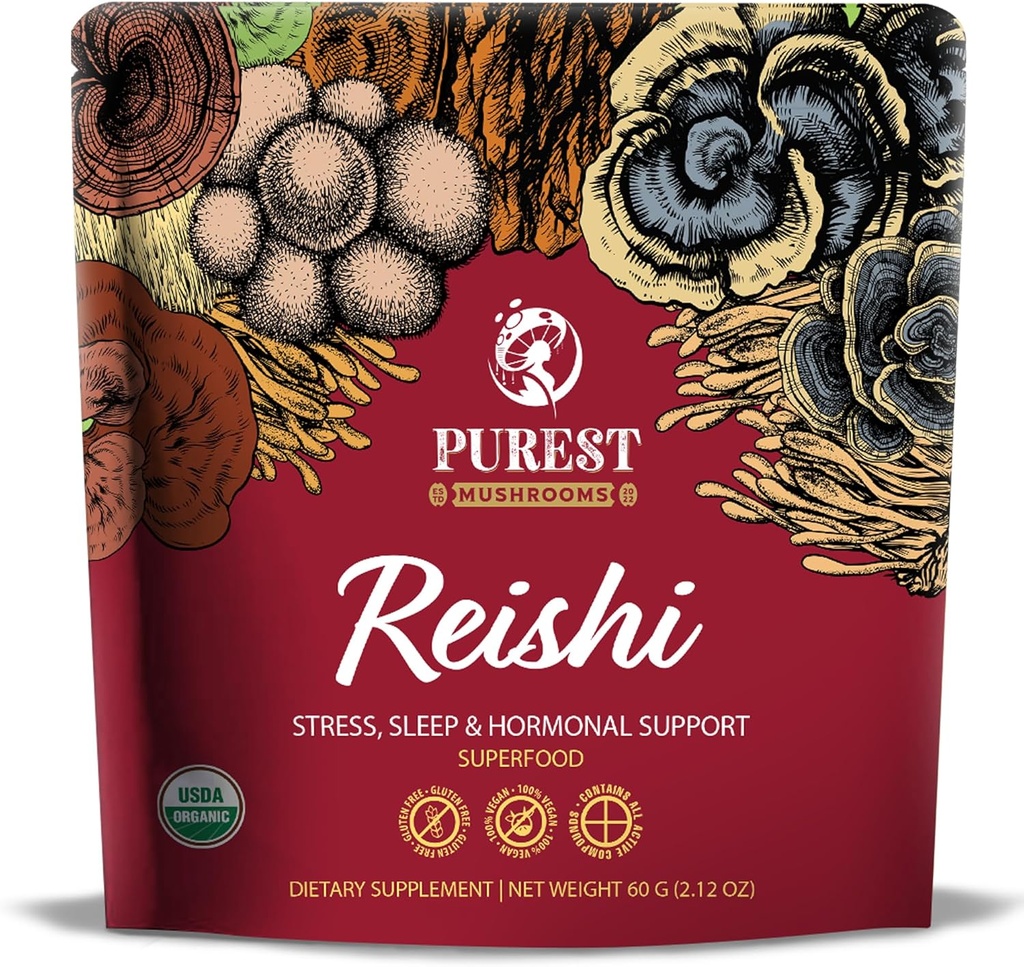 Reishi Powder - Organické houby Extract Powder - Houbové doplňky pro imunitní podporu, Stress Relief, Lepší spánek 60g