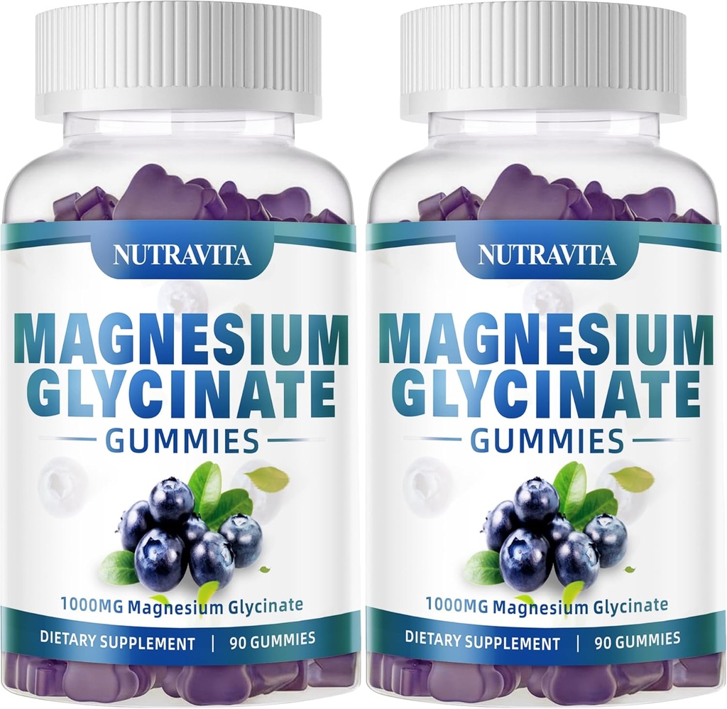 Glycinát hořečnatý Gummies 1000mg s magnesium L- Threonátem, chelatovaný komplex hořčíku s vitamínem, B6, CoQ10, vápník, Podpory pro paměť, klid, nálada - 180 Gummies Blueberry