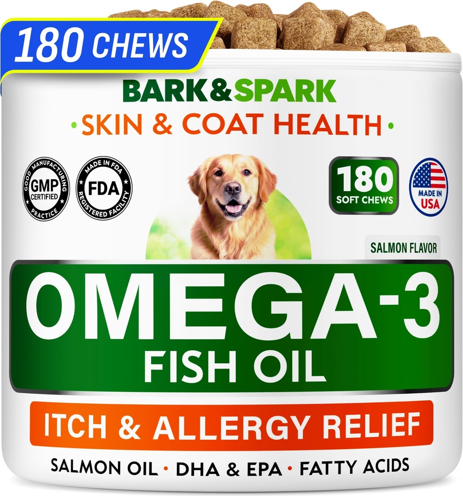 BARK & SPARK Omega 3 pro psy - 180 Fish Oil Paces for Dog Shedding, Skin Alleries, Itch Relief, Hot Spots Treatment - Joint Health - Skin and Coat Supplement - EPA & DHA Fatty Acids - Lososový olej