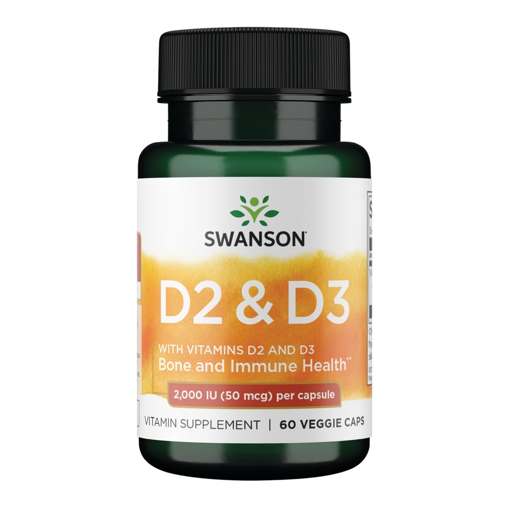 Swanson vitamin D komplex s vitamíny D2 & D3 - Kompletní opalovací vitaminový komplex pro kosti, zubní a imunitní zdraví - doplněk vitaminu (50 mcg, 60 Veggie Kapsle)