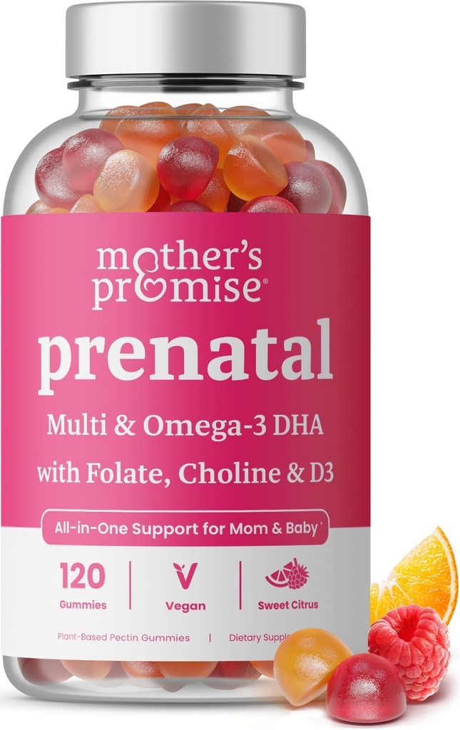 Prenatální vitaminové gumy s DHA PHARMAN 124; Vegan Prenatal vitaminy pro ženy s Omega 3, Methylfolát, Cholin & D3, těhotenské vitaminy pro vývoj plodu PHARMAN 124; Gummy Multivitamin dodatek, 120 Počet