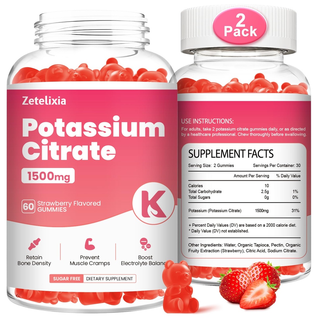 2 Pack draselné gumy pro dospělé ženy a muže, Citrát draselný dodatek, Podpora nohy křeče, Muscle Health & Electrolyte Balance, Bez cukru, Organic, Vegan, Jahoda, 120 Cts