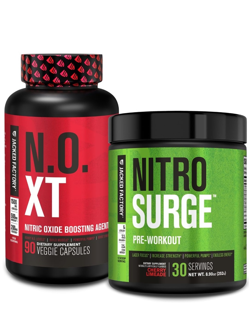 Jacked Factory Pre Workout Stack - N.O XT Nitric Oxide Booster & NITROSURGE High Energy Pre Workout Palivo