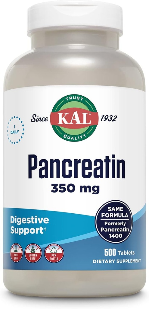 KAL Pancreatin 350mg, Digestivní Enzymy pro ženy a muže, Pankreatické Enzymy pro stravitelnou podporu zdraví, Gluten Free, Non- GMO, Rychlá dezintegrace, 60denní záruka, 500 Servings, 500 Tablety