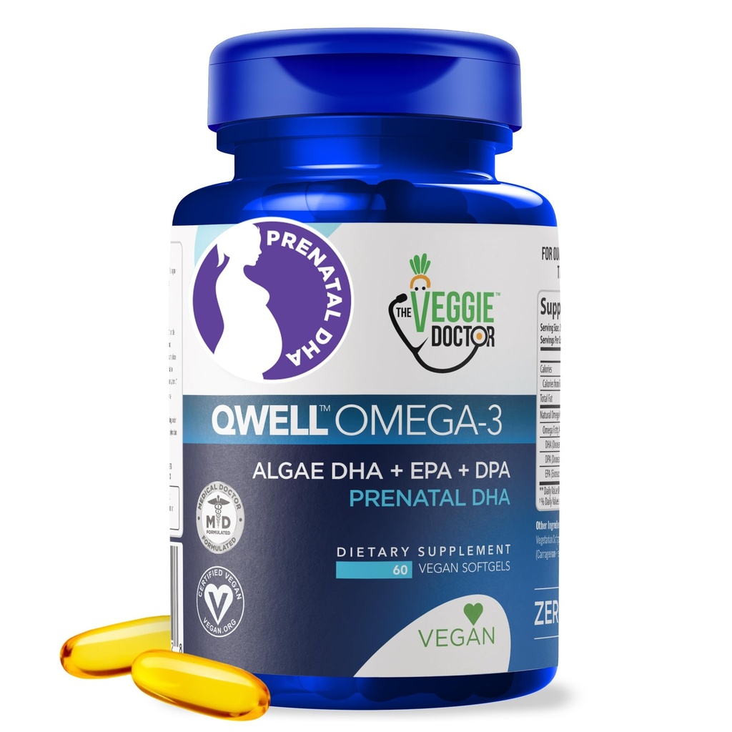 Vegan Prenatal Vitaminy s DHA (60 Počet) Omega33 - Qwell lepší než rybí olej, funkce mozku - 820 Mg Řasy DHA & EPA, Vegan Prenatal Vitaminy s vitaminem E, karagenan- bez