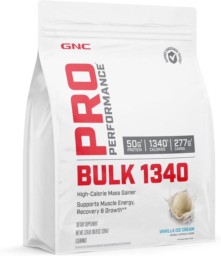 GNC Pro Performance Bulk 1340 Mass Gainer Protein Powder, 50g, Gluten Free, Syrovátka, Creatine, BCAA, 3. strana Testováno, Muscle Recovery & Growth, Mikronutrients, Vanilla Ice Cream, 9 Servings