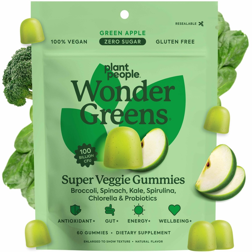 Plant People WonderGreens Veggie Gummies Super Green s probiotiky Multivitamin Podpora Gummy pro wellbeing, Energy, Imunity and Gut Health, Green Apple Flavor (60 Počet)