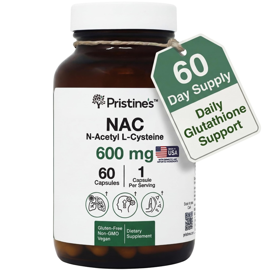PRISTINE 'S N- acetyl L- cystein (NAC) 600MG 60 Day Supply Supply Capsules - Glutathione & Játra Detox Support - Potenciální antioxidant - Vegan, gluten zdarma, Non GMO skleněná láhev