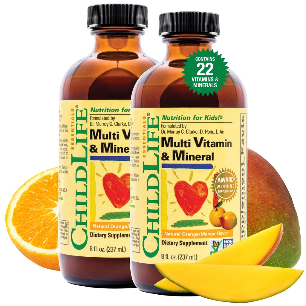 Dětský život ESSENTIALS Děti Multivitamin & Mineral - Děti Vitamíny, Tekuté Multivitamin pro děti, Toddler Multivitamíny, Tekuté Vitamíny, Baby Multivitamin - Natural Orange & Mango, 8 Fl Oz (balení po 2)