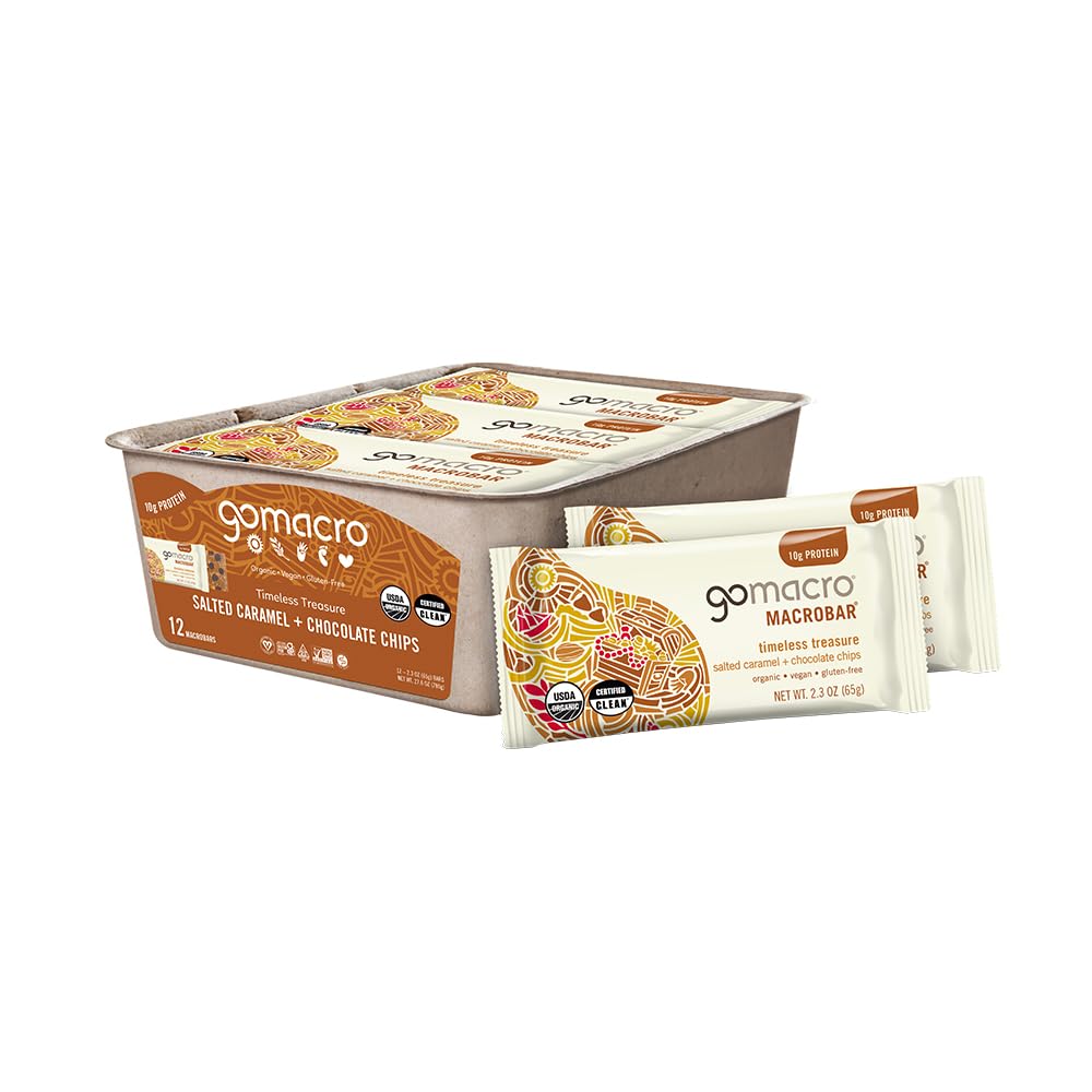 GoMacro MacroBar Organic Vegan Protein Bars - slaný karamel + čokoládové chipy (2.3 Ounce Bary, 12 Počet)