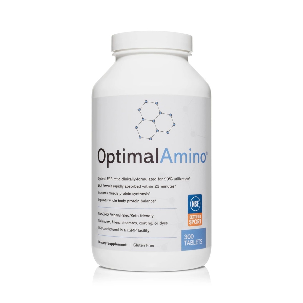 OptimalAmino Tablety (300 Počet) 124; 99% Utilized Essential Amin Acid (EAA) Dodatek, Zvýšení svalové obnovy, BCAA protein Pre / Post Workout 124; NSF Certified for Sport ® Certified