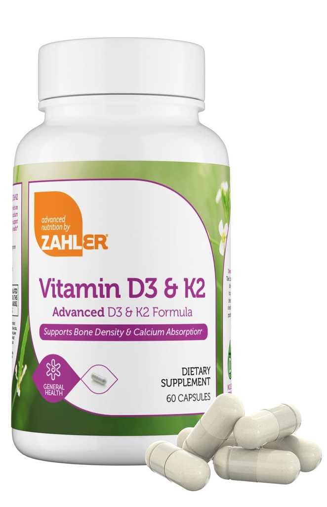 Zahler Vitamin D3 5000 IU K2 - Advanced Vitamin D3 K2 Formule - Hustota kostí a absorpce vápníku - Kosher Vegetarian MK7 Vitamin K2 D3 Vitamin Dodatek - VIT D3 K2, Vitamin D K2 (60 Kapsle)