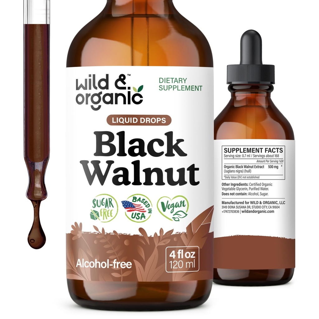Wild & Organic Black Walnut Tincture - Detox Cleanse w / Black Walnut Hull Extract - Bylinný dodatek pro Gut Cleanse Detox and Digestive Well- Being - Vegan, Cukr & Alcohol- Free - 4 fl oz