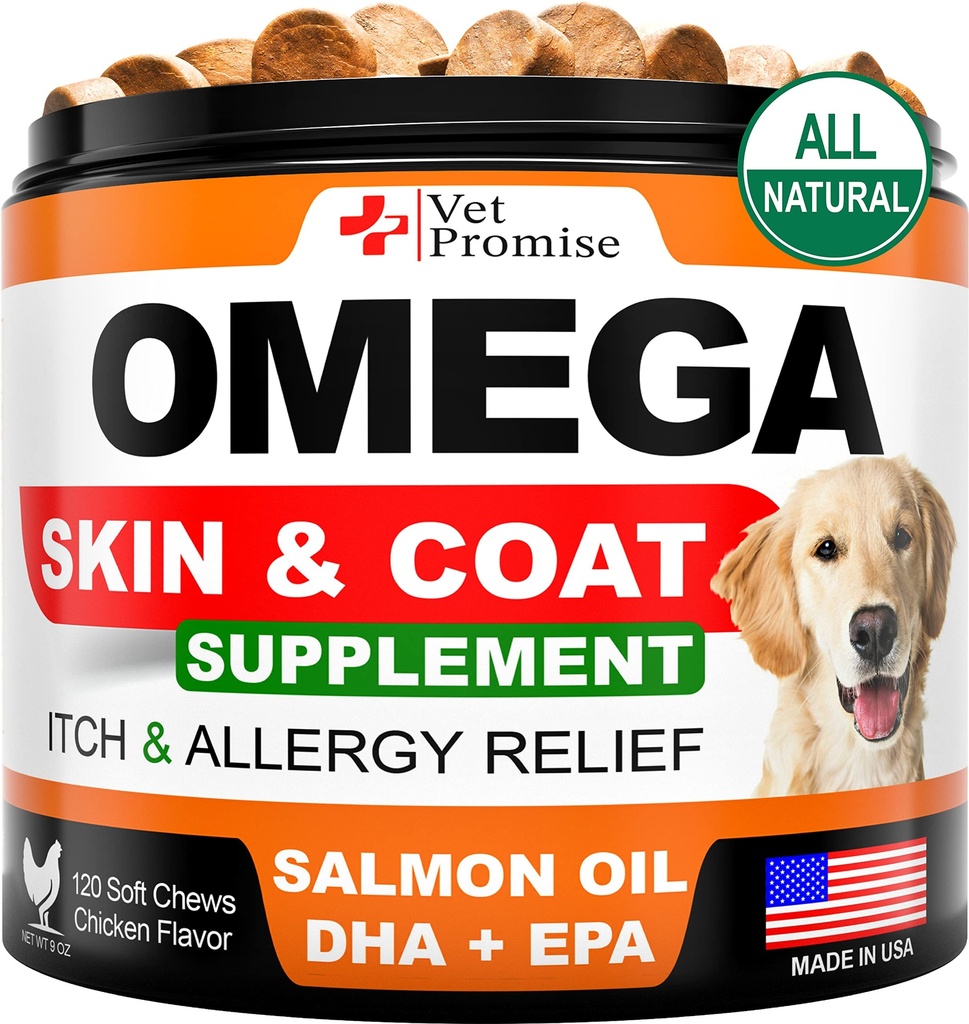 Omega 3 pro psy - Doplněk kůže a oděvů - Rybí olej pro psy Žvýkačky - Alergie a Itch Relief - Anti Shedding dodatek - Suché ošetření pokožky - Lososový olej - Vyrobeno v USA - 120 Soft Treats