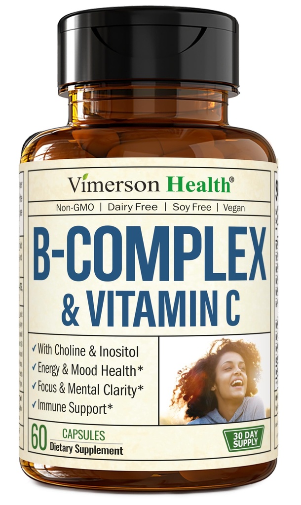 Komplex vitaminu B s VIT C & kyselina listová (folát) - 8 Vitaminy s vysokou potencí B: B1, B2, B3, B5, B6, B7, Vitamin B12 + Biotin, Cholin & Inositol. Nálady, energie, nervový systém a imunitní podpora