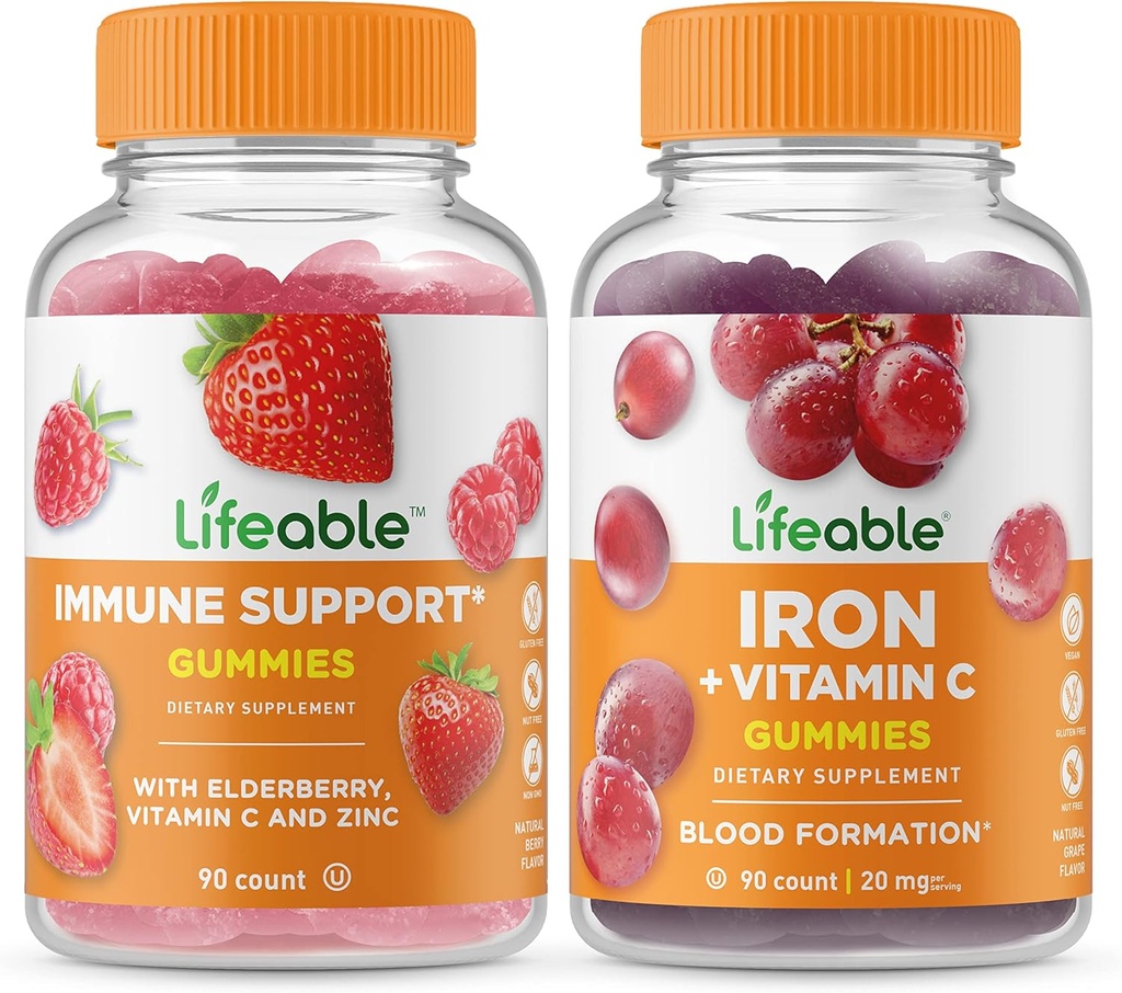 Živá imunitní podpora + železo s vitaminem C, Gummies Bundle - Velký přípitek, doplněk vitamínu, gluten zdarma, GMO zdarma, žvýkací