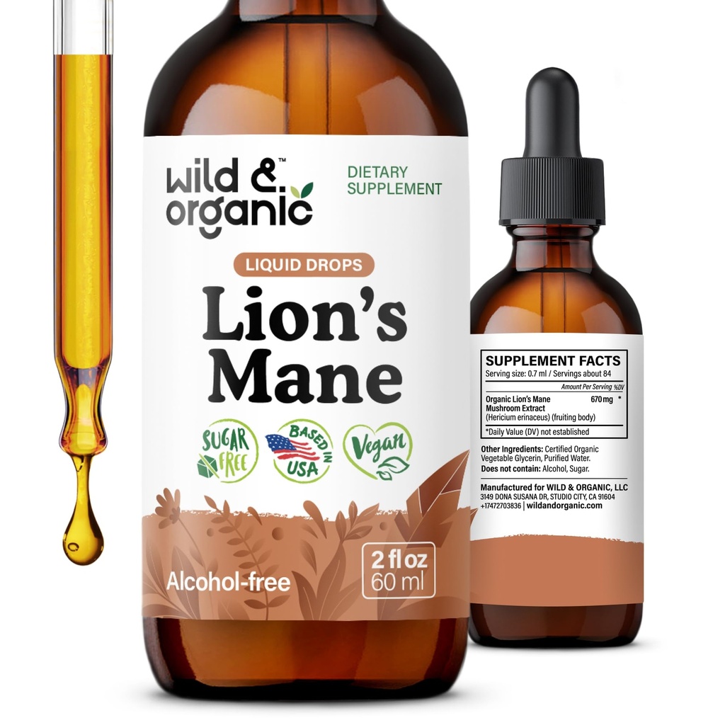 Wild & Organic Lions Mane Liquid Drops - Focus & Brain Support - Lions Mane Supplement - Hericium Erinaceus Mushroom Extract Tincture - Vegan, Alkohol & Sugar- Free - 2 fl oz
