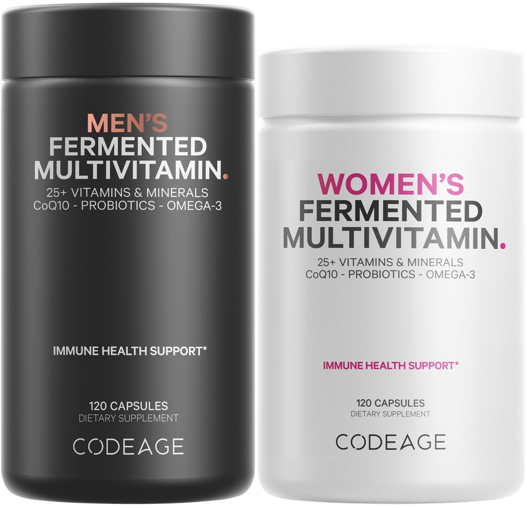 Codeage Daily Multivitamin Bundle: Dámské a mužské Multivitaminy, B-Vitaminy, Probiotika, Food- Based Blends, 120 Kapsle per Lahvička