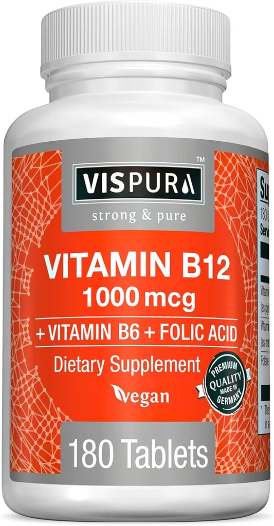 VisPURA vitamin B12 1000 mcg methylkobalamin + B6 / kyselina listová, 180 Veganové tablety, nejlepší doplněk ke zvýšení energie, Enhance Mood, Sharpen Focus *, Organic Supplement
